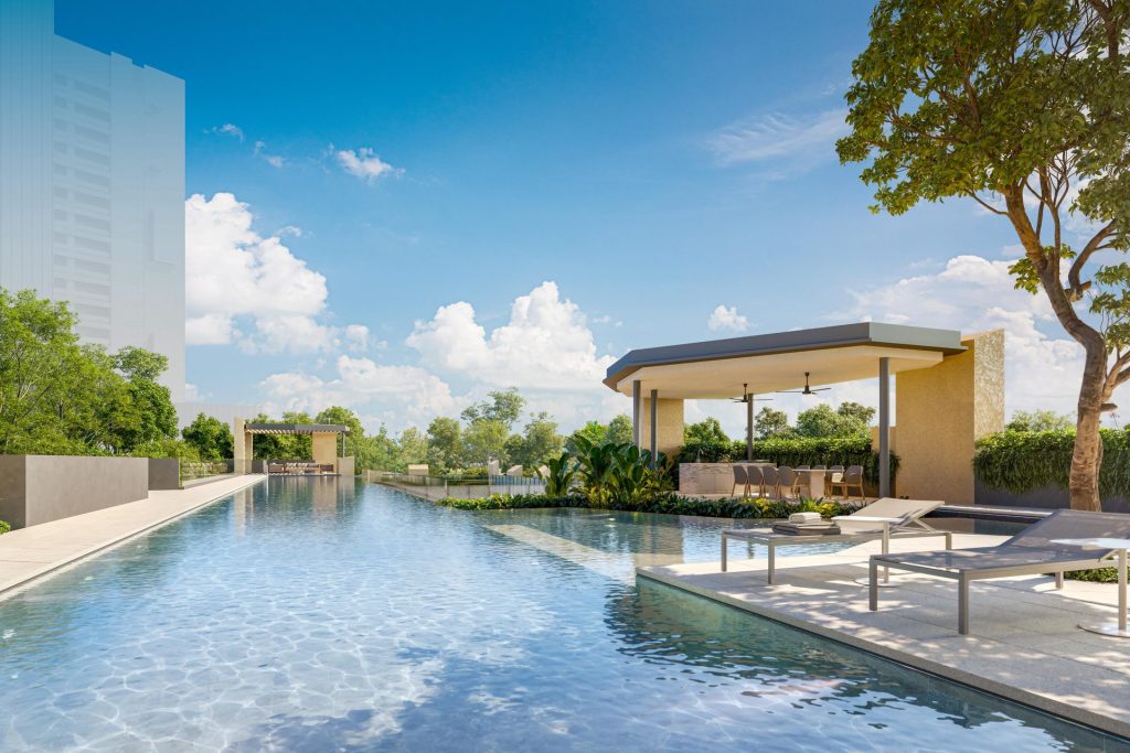 Lap pool, sun deck and poolside pavilion at The Serra Residences