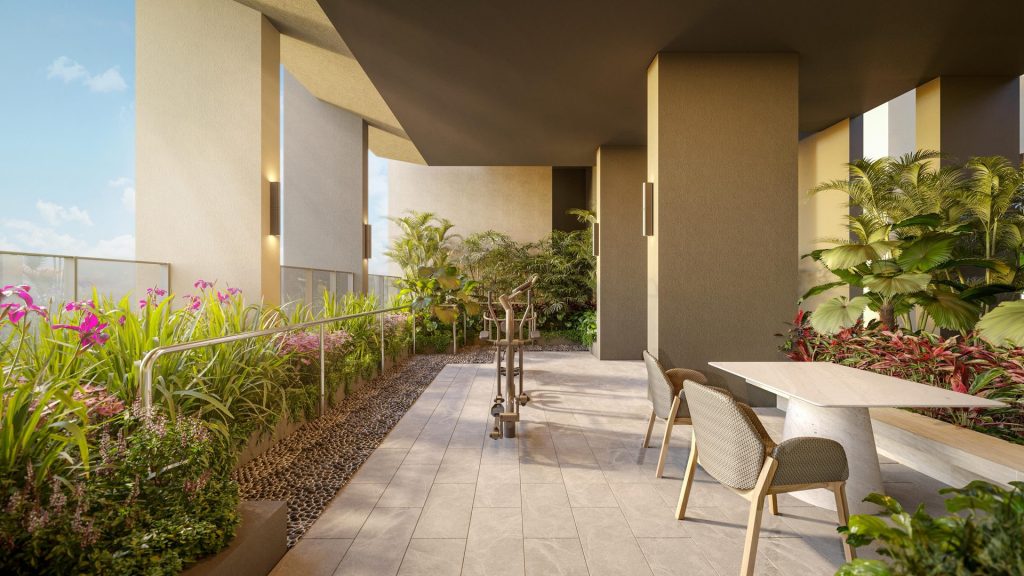 Outdoor fitness corner and dining terrace framed by tropical planting at The Serra Residences, Novena
