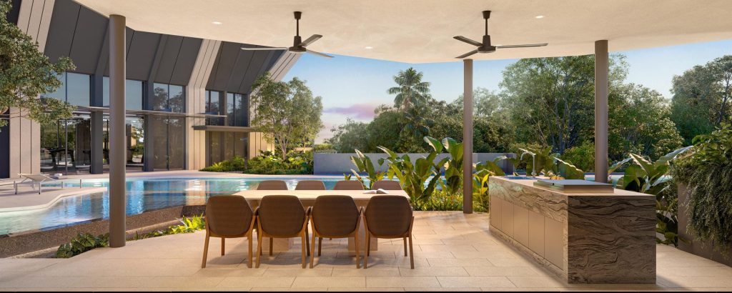 Poolside dining pavilion with barbecue counter beside the lap pool at The Serra Residences, District 11