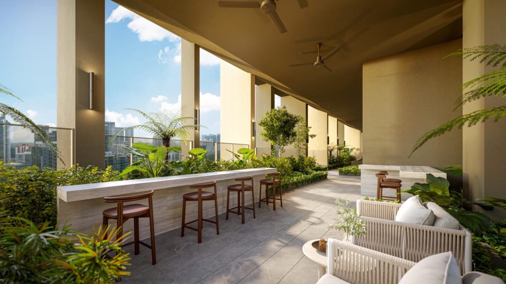 Elevated social terrace with bar counter and city skyline views at The Serra Residences,
