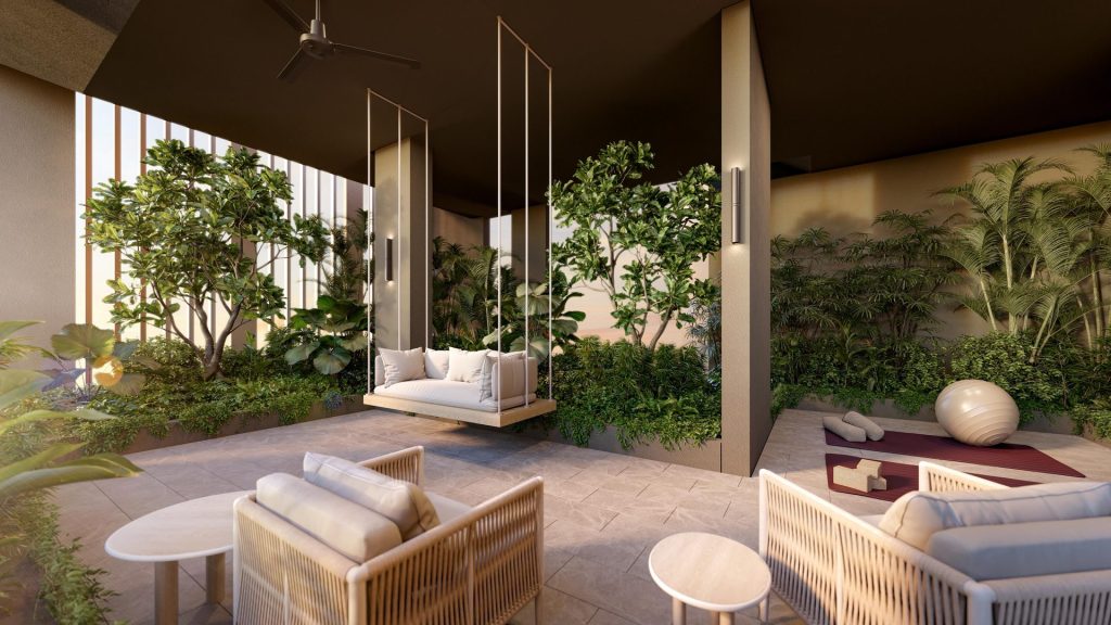 Covered wellness lounge with hanging swing seat and yoga area
